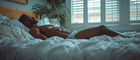 A body laying peacefully in bed, relaxed, beautiful showing six-pack absの素材