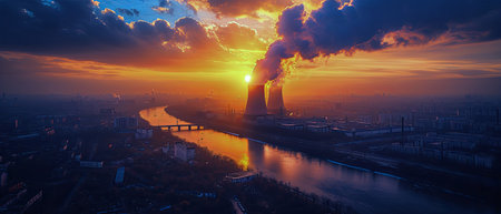 Nuclear power plant against sky by the riverの素材