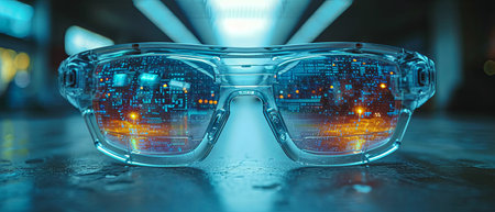 a long shot of futuristic glasses with an abstract image in the middle of themの素材