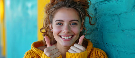 very fat girl smiling and showing thumbs up, full-length portrait, on blue backgroundの素材