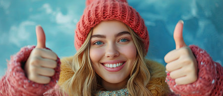 very fat girl smiling and showing thumbs up, full-length portrait, on blue backgroundの素材