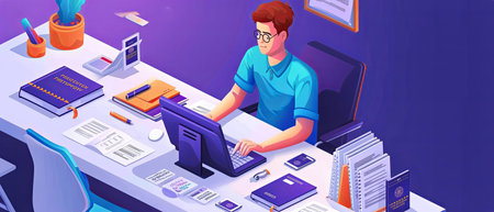 isometric graphic illustration of employee that is validating multiple assets like ID cardの素材