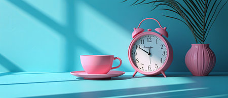 Coffee with morning alarm clock on blue backgroundの素材