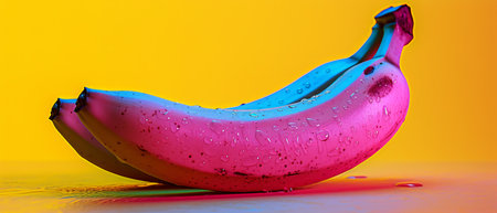 One neon banana by artefakto, on a yellow background, in the style of light azure and pinkの素材