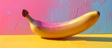 One neon banana by artefakto, on a yellow background, in the style of light azure and pinkの素材