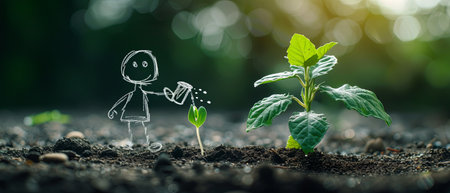 shaped piece of soil from which a small green plant with two leaves is sproutingの素材