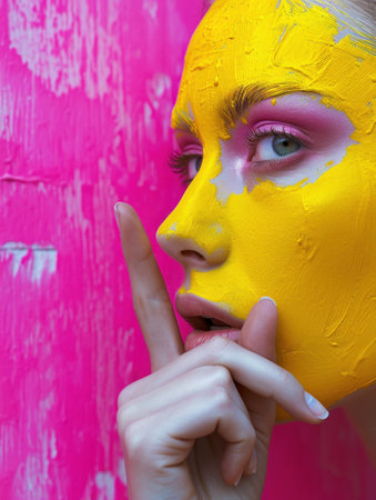 a woman with a finger in her mouth, pink wallの素材