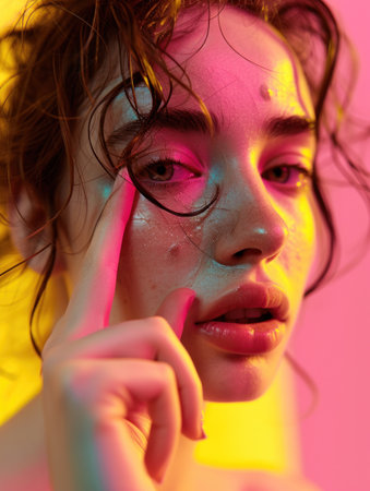 a woman with a finger in her mouth, pink wallの素材