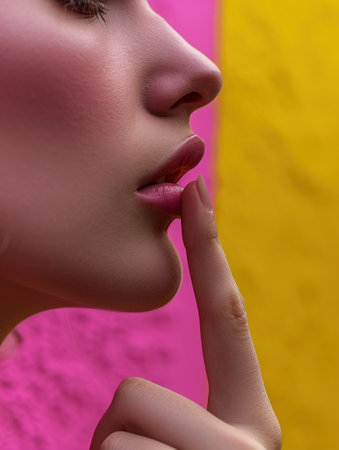 a woman with a finger in her mouth, pink wallの素材