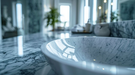 An empty white marble countertop on the white blurred interior of the bathroomの素材