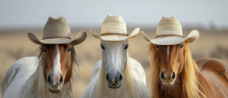 Horses and ponies wearing cowboy hatsの素材