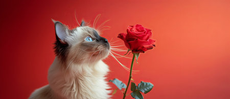 Portrait of a cute ragdoll cat holding a red rose in studio, red background,の素材