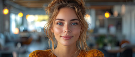 Portrait of a woman with a blurred background in a modern interiorの素材