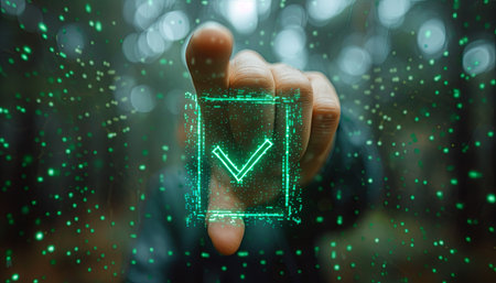 Hand Holding Glowing Green Square With Check Mark. Generative AI.の素材