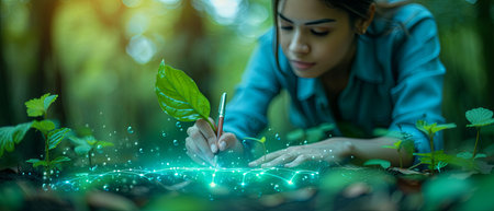 Woman in Blue Shirt Working on Plantの素材