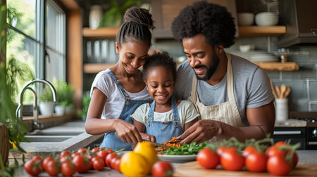 Man and Woman Cutting Vegetables With Childの素材