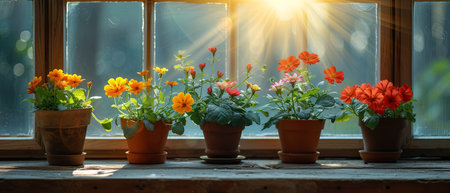 Group of Potted Plants on Window Sillの素材