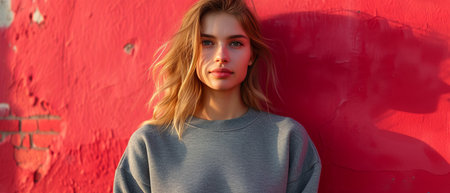Woman Standing in Front of Red Wallの素材