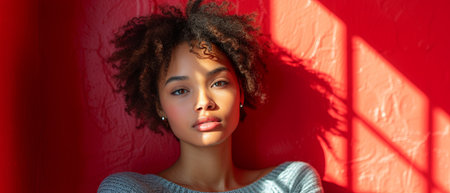 Curly-Haired Woman in Front of Red Wallの素材