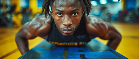 Man Doing Push Ups on Gym Benchの素材