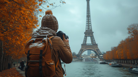 Person Taking Picture of the Eiffel Towerの素材
