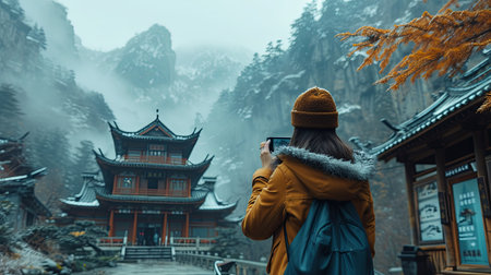 Person Captures Mountain Scene With Cameraの素材
