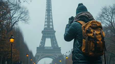 Person With Backpack in Front of the Eiffel Towerの素材