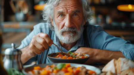 Man Sitting at Table With Bowl of Foodの素材