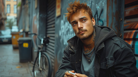 Man Sitting on Sidewalk Smoking a Cigaretteの素材