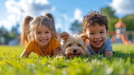 Children and Dog Laying in Grassの素材