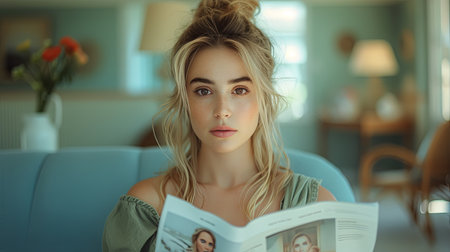 Woman Sitting on Couch Reading Magazineの素材