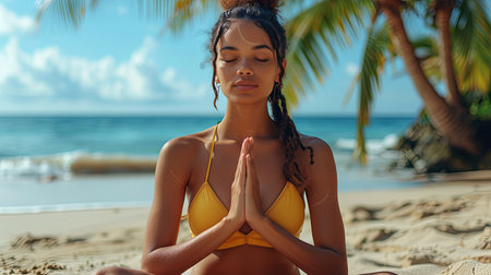 Woman in Yellow Bikini Sitting on Beachの素材