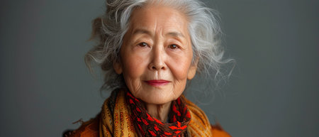 Wise Elderly Woman Wearing White Hair and Scarfの素材