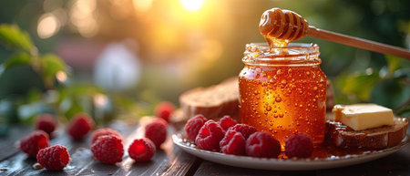 Jar of Honey and Raspberries on a Plateの素材
