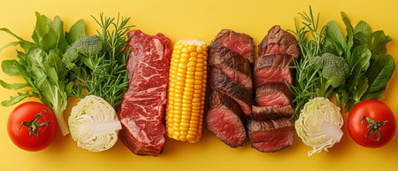Group of Raw Meats and Vegetables on Yellow Backgroundの素材