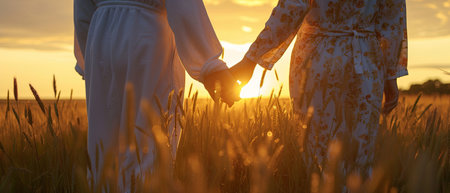 Two People Holding Hands in Field at Sunsetの素材