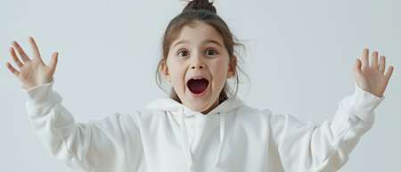 Little Girl Raises Hands in White Shirtの素材