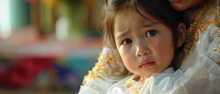 Little Girl in White Dress Holding Her Motherの素材