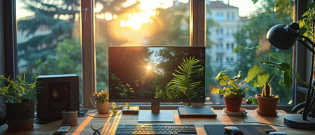Desktop Computer on Wooden Deskの素材