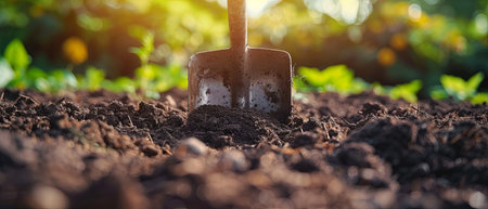 Shovel Resting in the Middle of a Dirt Fieldの素材