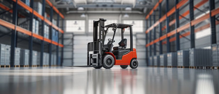 Forklift in Warehouse With Orange Shelvesの素材