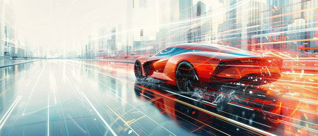 Futuristic Car Driving Through City Streetの素材