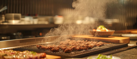 Grilling a Variety of Food on a Busy Grillの素材