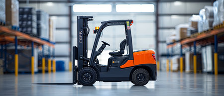 A Parked Forklift in a Warehouseの素材