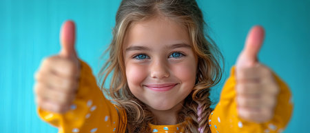 very fat girl smiling and showing thumbs up, full-length portrait, on blue backgroundの素材