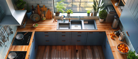 Modern Elegance: A Sunlit Contemporary Kitchen with Fresh Ingredients and Stylish Decorの素材