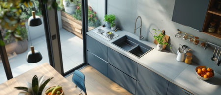 Modern Elegance: A Sunlit Contemporary Kitchen with Fresh Ingredients and Stylish Decorの素材