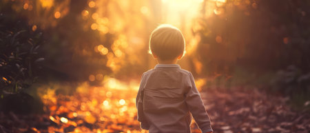 Autumn mood: a child on a walk in an autumn city in a light rainの素材