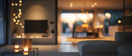 Warm and cozy evening at home, illuminated living roomの素材