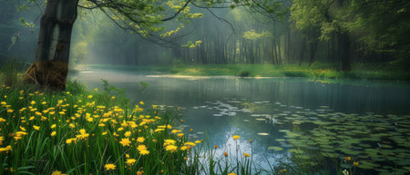 Mysterious Morning: A lonely tree amidst the tranquil beauty of a misty lake surrounded by greeneryの素材